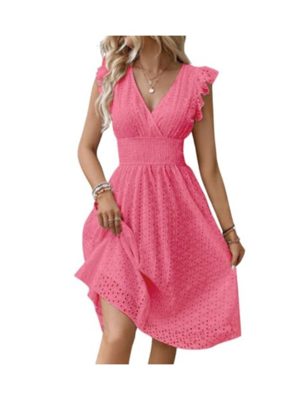 Women's Smocked Eyelet Lace Midi Sundress Flutter Sleeve A-Line Summer Beach
